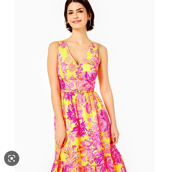NWT Lilly Pulitzer Bri Midi Dress Calla Yellow Flora Sea Shells Pink V Neck 10 L - Picture 2 of 4